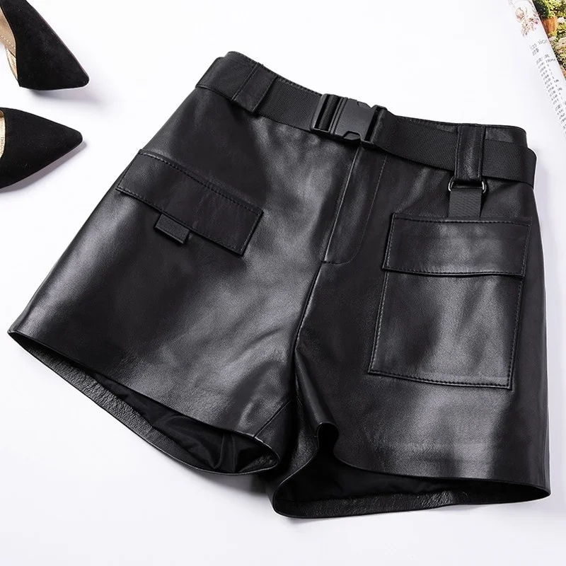 

Genuine leather shorts of fashionable young women Loose high waist wide leg sheep skin Korean style leather shorts vintage