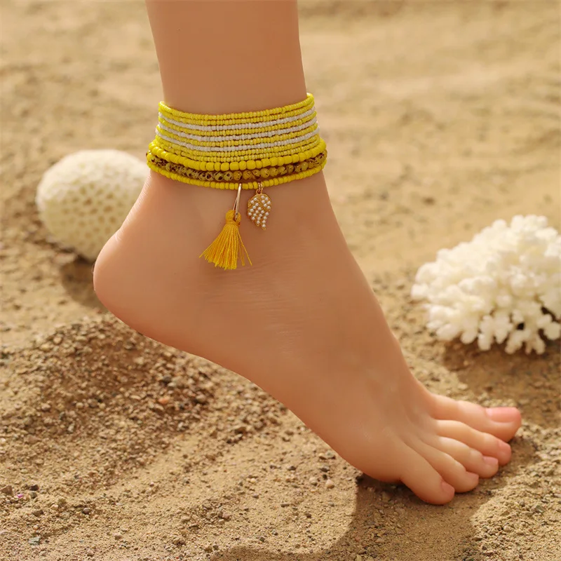 

Bohemia Hand-weave Speed Beaded On Leg Anklets For Women Summer Beach Cotton Tassel Foot Jewelry Bohemian Multilayer Anklet 2023