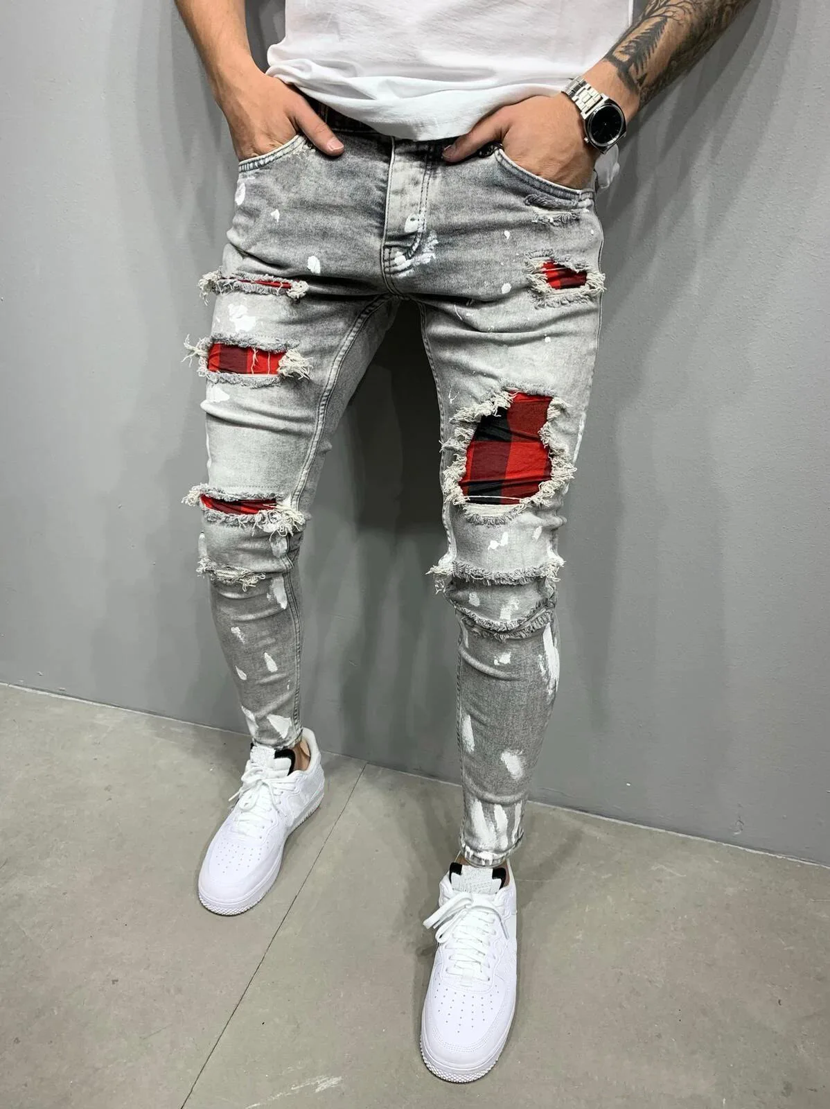 New Men's Jeans Four Seasons Slim Pencil Pants Spray Paint Factory Printing Pants Patchwork Jeans Men's Fashion Unisex Denim Men