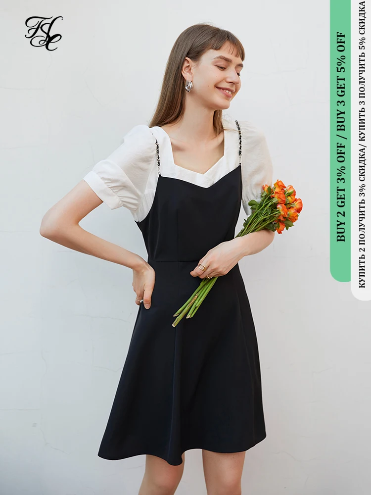 

FSLE Office Lady French Hepburn Style Two-piece Splicing Dress Female Summer New A-line High Waist Casual Black Dress