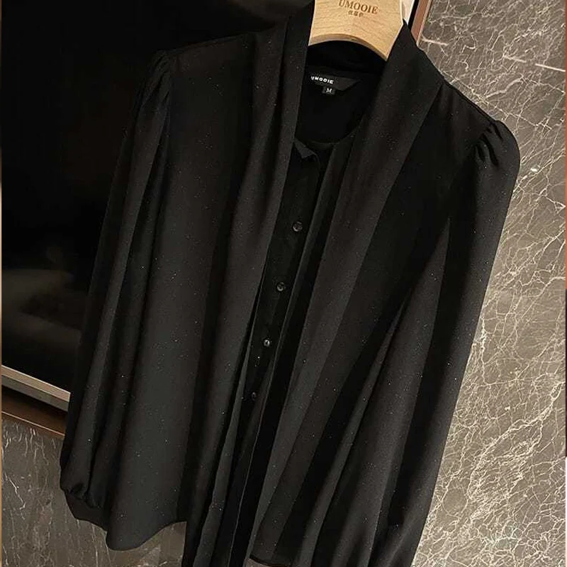 Весенне-осенняя новая однотонная модная рубашка с шарфом и воротником длинным
