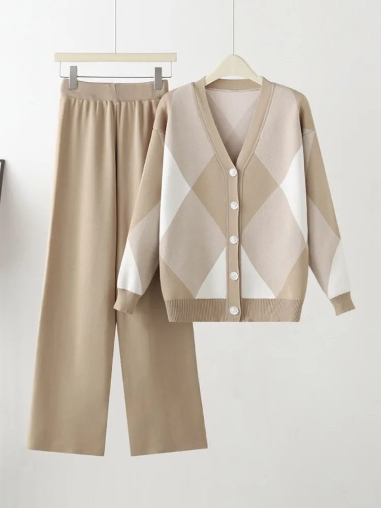 Женский трикотажный костюм с ромбовидной решеткой свитер длинным рукавом и