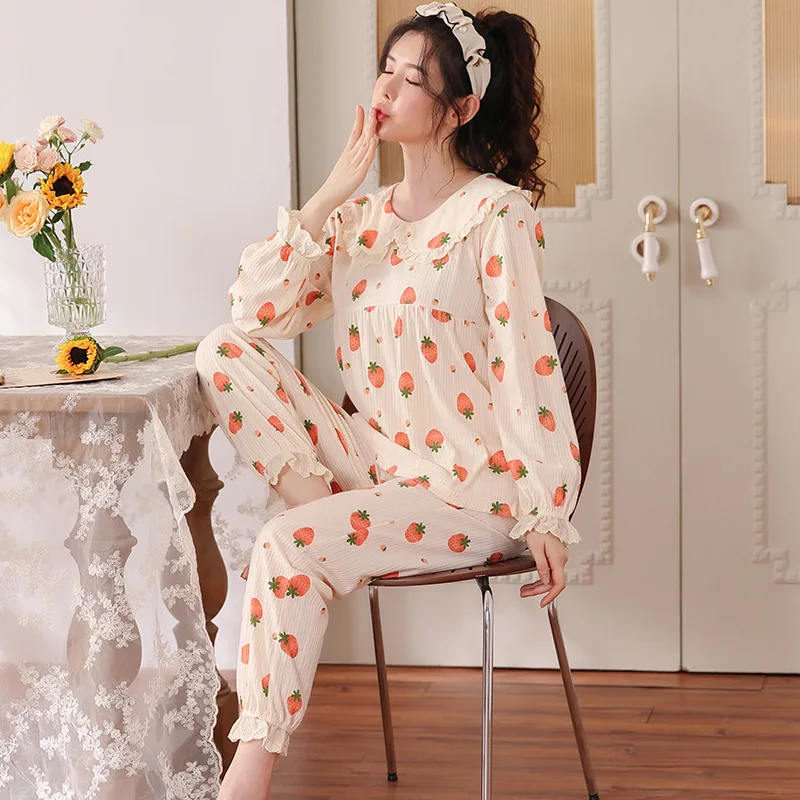 Yasuk Spring Autuum Fashion Women's Casual Print Lace Sleepwear Homewear Lovely Sweet Pajamas With Pants Soft Strawberry