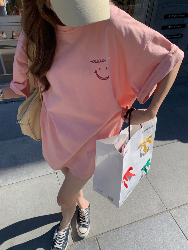 

Oversized Smily Print Summer T-Shirts Women O-Neck Short Sleeve Casual Top Tees Vintage Cotton Shirts Streetwear Letters Cute