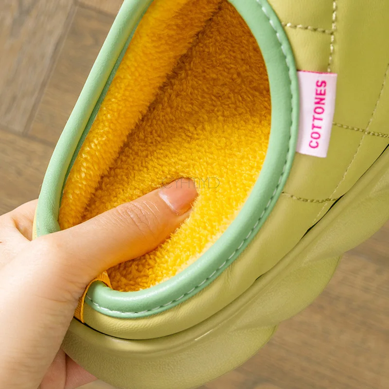 Women Leather Slippers Home Platform Gingham Women Winter Slippers Fashion Concise Solid Female Shoes Indoor Couple Warm Elegant