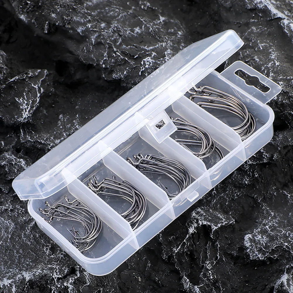 

50pc Carbon Steel Wide Crank Fishing Hook Set For Soft Worm Lure Barbed Hook 2# 1# 1/0# 2/0# 3/0# Fishhook With Hook Tip Pesca