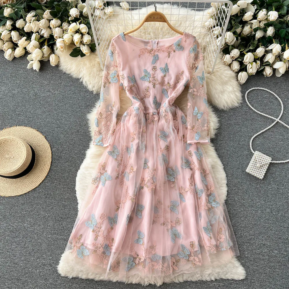 

Gauze lace embroidery broken flower butterfly Chiffon holiday style long sleeve sweet fairy tide Dresses