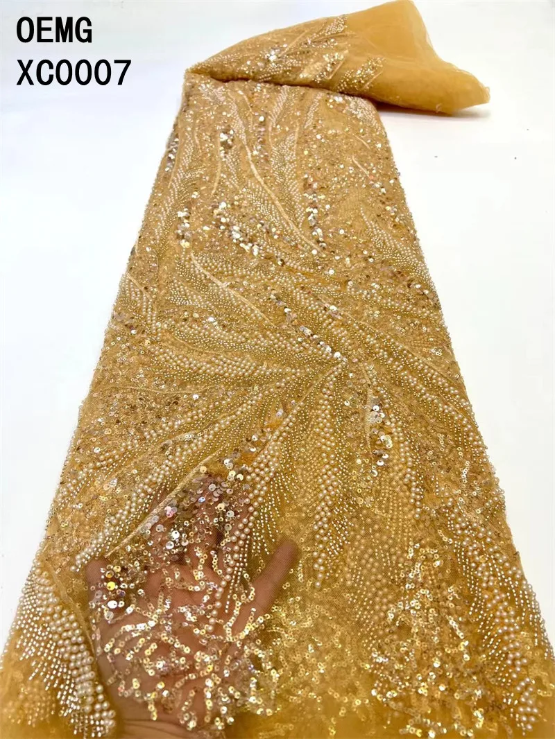 

OEMG Blue African Gold Sequins And Beads Luxury Nigerian Mesh Lace Fabrics 2022 French Net Lace Fabric With Sequins For Wedding