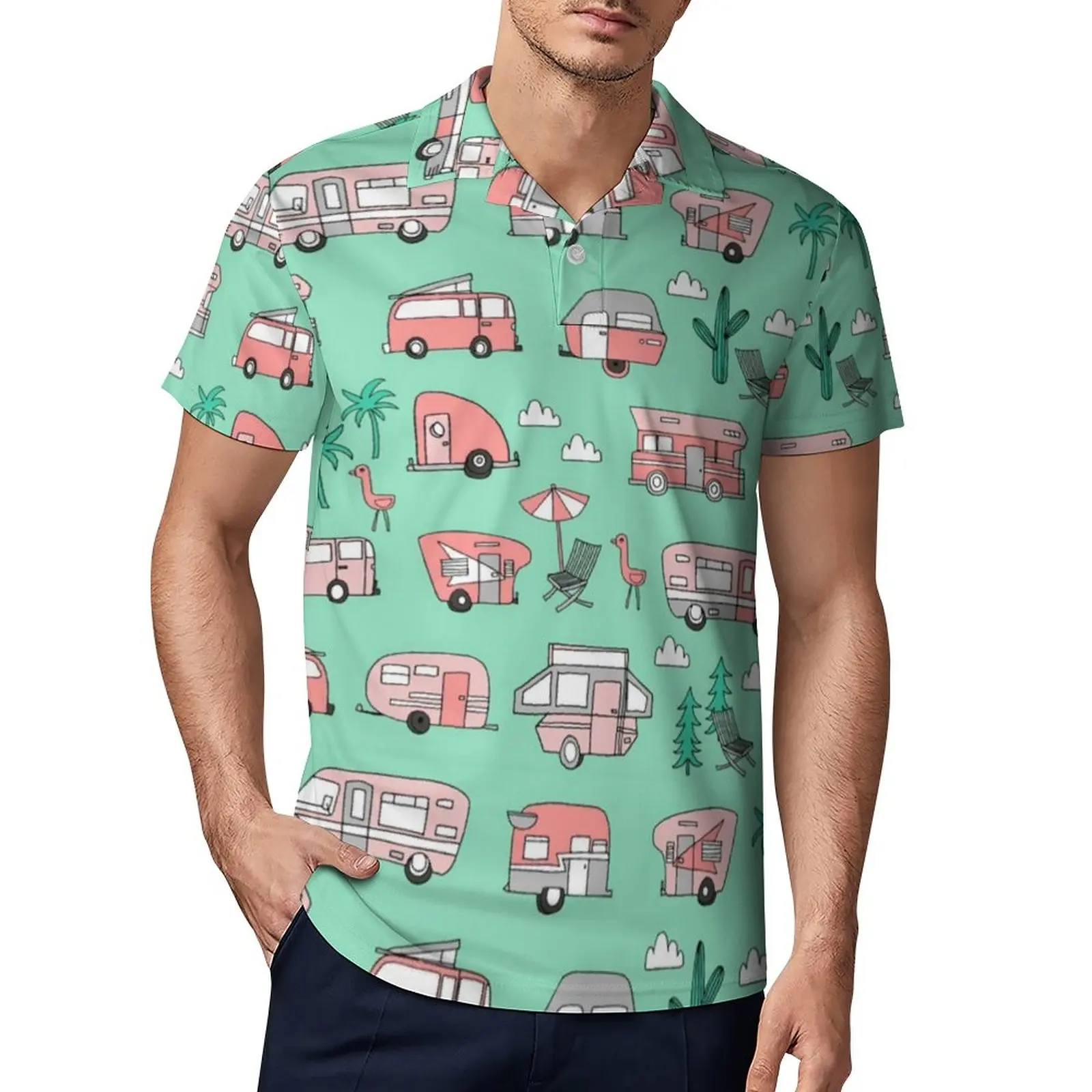 

Camper Vacation Polo Shirt RV Hipster Road Trip Casual Shirt Day Retro T-Shirts Man Short Sleeve Collar Oversized Top