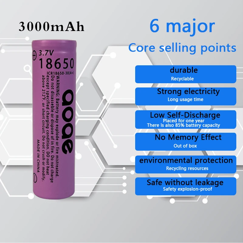 

18650 lithium-ion rechargeable battery, 3.7V, 3000mAh, suitable for assembling battery packs, flashlights, tools, etc