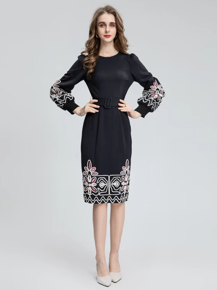 

Designer Spring Autumn Women's New Casual Party Vintage Elegant chic High Quality Long Sleeve Embroidery Black Pencil Dress