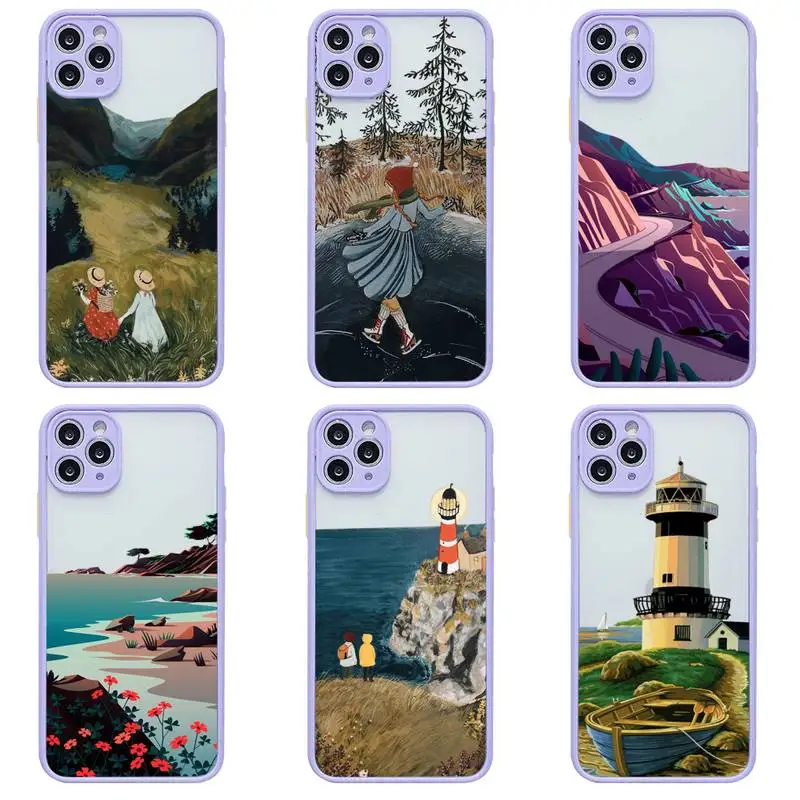 

Cartoon Hand Painted Scenery Phone Case For iphone 13 12 11 Pro Max Mini XS 8 7 Plus X SE 2020 XR Light purple Matte Transparent