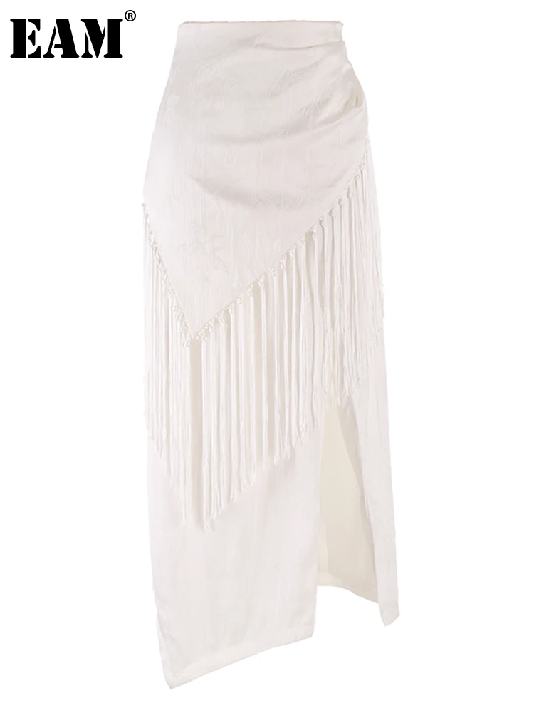 

[EAM] Women Black Tassel Textured Irregular Slit A-line Half-body Skirt High Waist Fashion Tide New Spring Summer 2023 1DF9493
