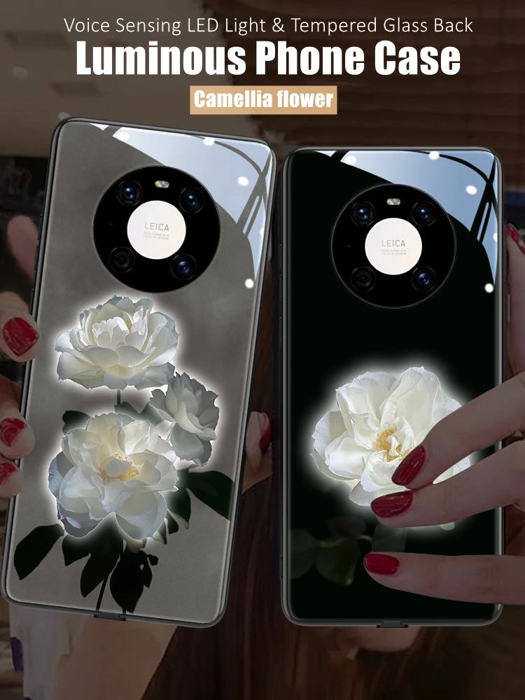 

Retro Camellia LED Light Glowing Luminous Tempered Glass Phone Case for OnePlus 6 6T 7 7T 8 8T 9 9R 10 Ace Nord N10 N20 N200 Pro