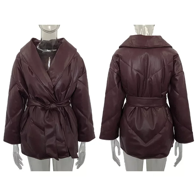 2022New Autumn Winter Parkas Women Fashion Loose Solid PU Leather Coats Women Elegant Tie Belt Cotton Jackets Female Ladies