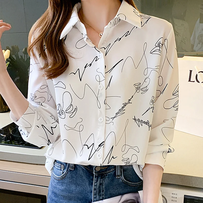 

Белая шифоновая рубашка, женские блузки с принтом, весенний топ с отложным воротником, рубашка с длинным рукавом, новинка 2022, женская одежда, Женская сорочка