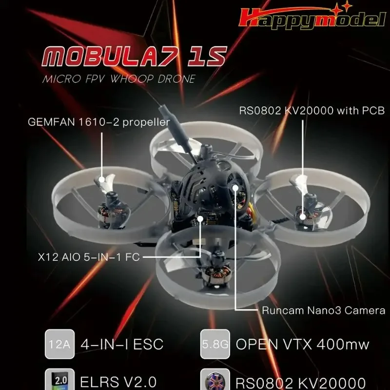 Фото Дрон HappyModel Mobula7 1S 75 мм для FPV с интегрированным полетным контроллером 5-в-1 AIO FC, ELRS 2.4G, 12A ESC, VTX 400 мВт и Runcam Nano 3 24 г, сверхлегкий №4
