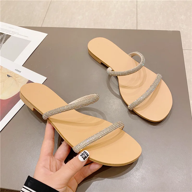 2022 summer new style sandals rhinestone flat shoes one word belt outside wear all-match flat women beach sandals women