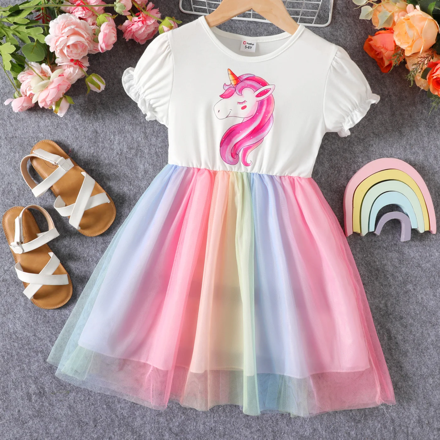 

PatPat Kid Girl Unicorn Print Short-sleeve Mesh Overlay Dress
