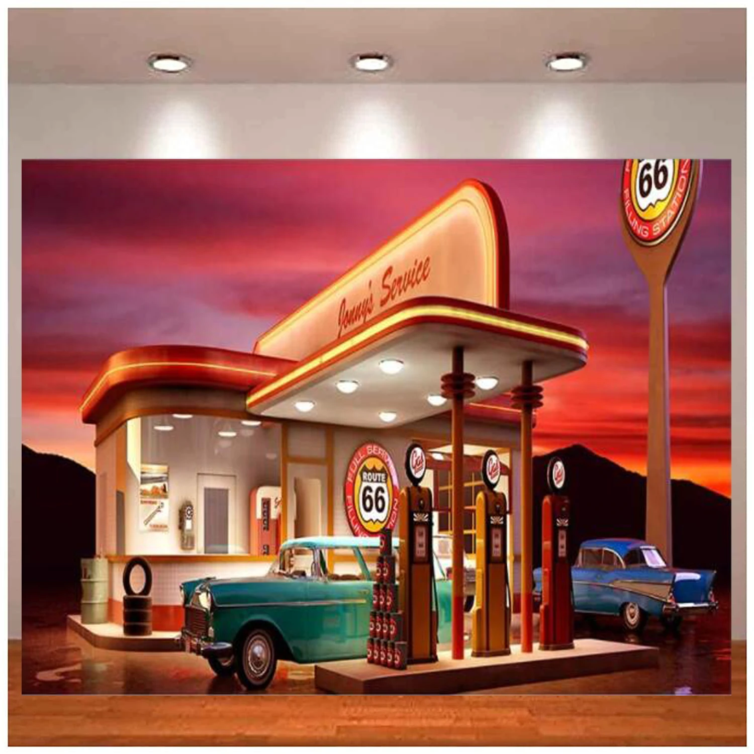 

50s Photography Backdrop Route 66 Gas Station Vintage Car Background Photo Shooting Studio Props Party Decor Banner Poster