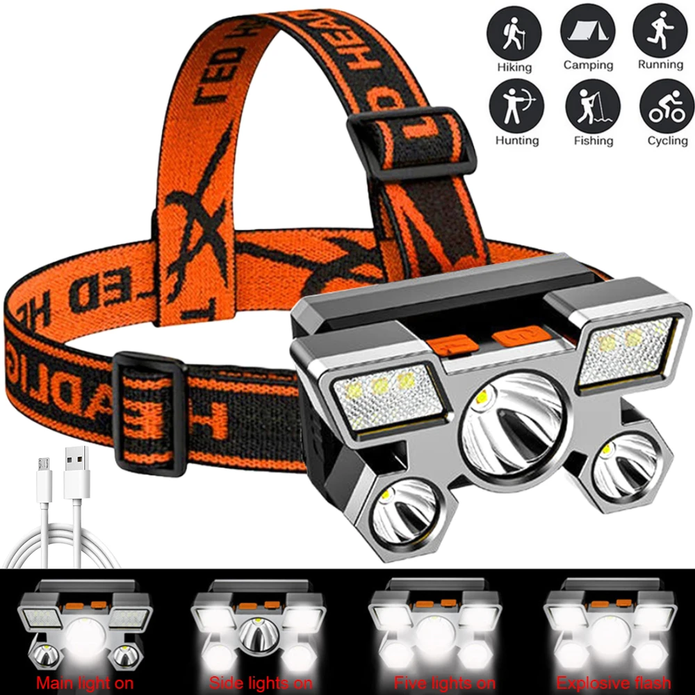 

Фонарь налобный светодиодный со встроенным аккумулятором и зарядкой по USB, 5 светодиодов