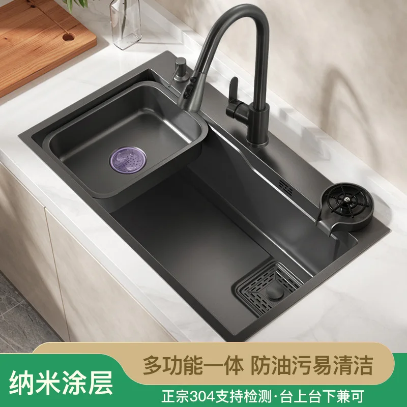 

Nano Gun Gray Sink Large Single Sink Kitchen Stainless Steel Handmade Washing Basin Sink Drop-in Sink Household