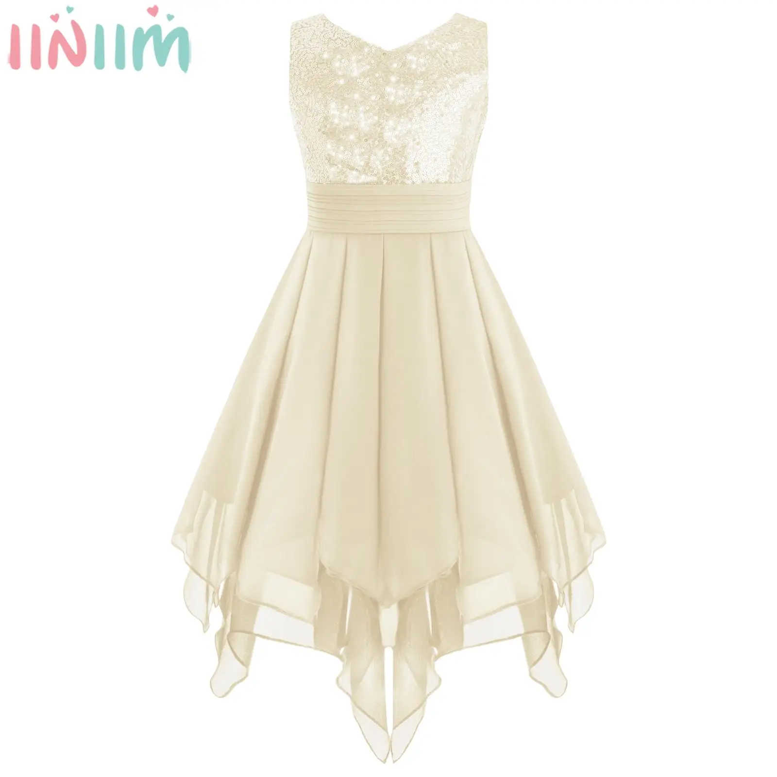 

Kids Girls Elegant Chiffon Party Dress Shiny Sequin Backless Ruched Asymmetrical Hem Princess Dresses for Birthday Wedding Prom