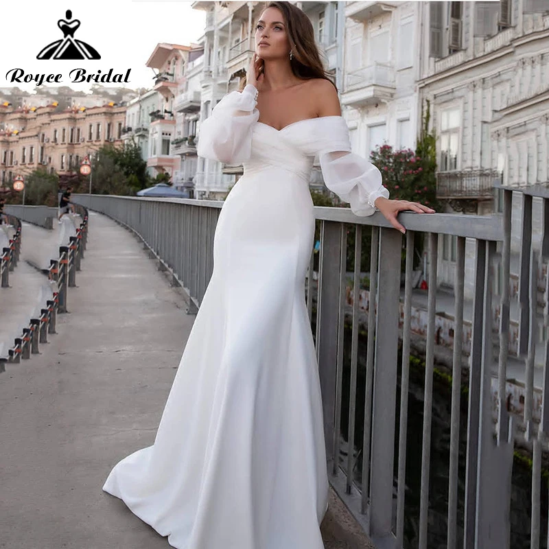 

Boho Sweetheart Satin Mermaid Wedding Dresses Long Fuff Sleeve Sexy Beach Bride Gowns Off The Shoulder Sweep Backless Pleat robe