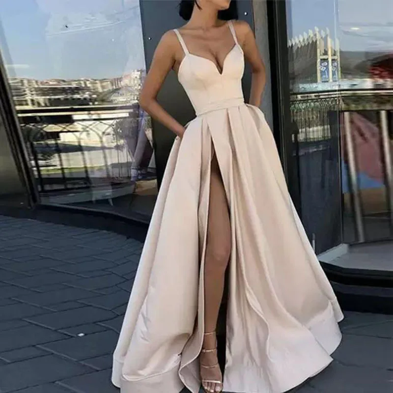 2022 New Women Elegant Party Wedding Long Dresses Lady Chic Satin Sexy V-Neck Long Skirt Tail Solid Color Banquet Evening Dress