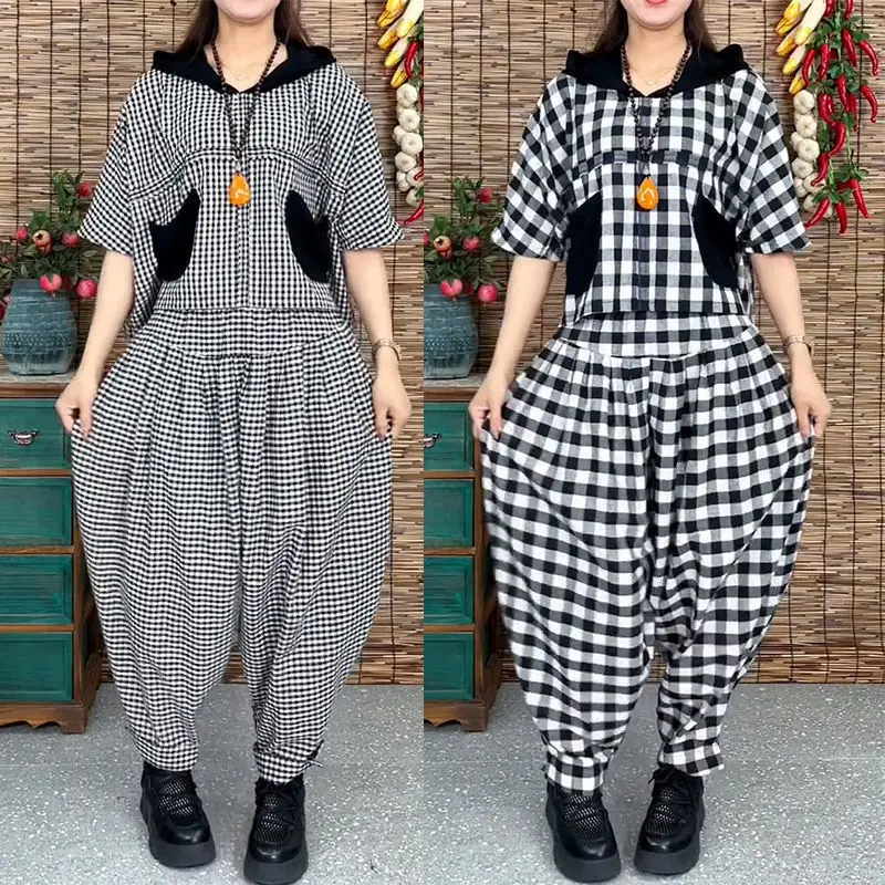 

2022 Summer Leisure Women's Matching Sets Cotton Linen Hooded Loose Pant Sets Short Sleeve Wide Leg Pants Lattice Two Piece Set