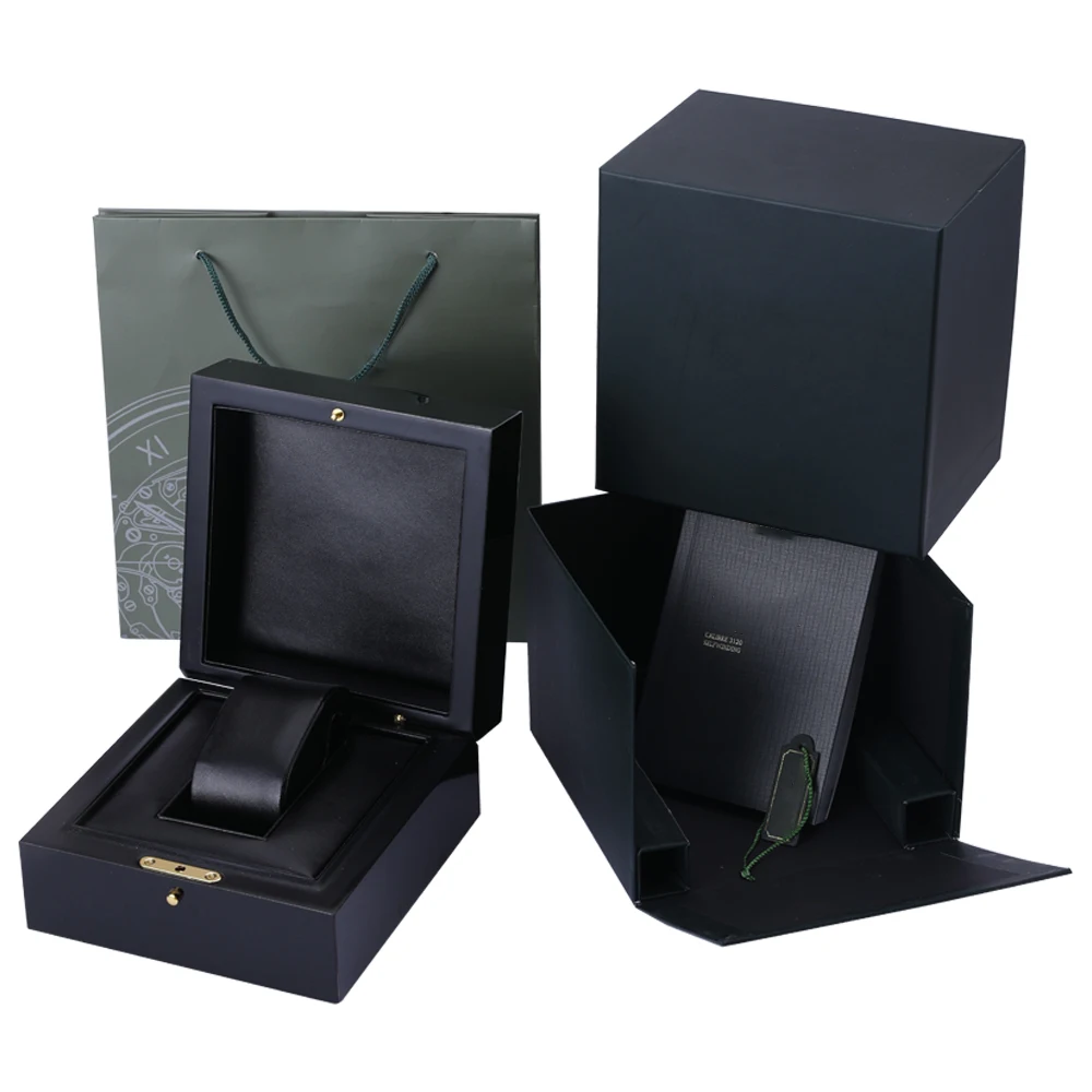 black luxury wooden brand watch packaging gift box set with Booklet Card Tags And Papers Men Wristwatch Case Bags