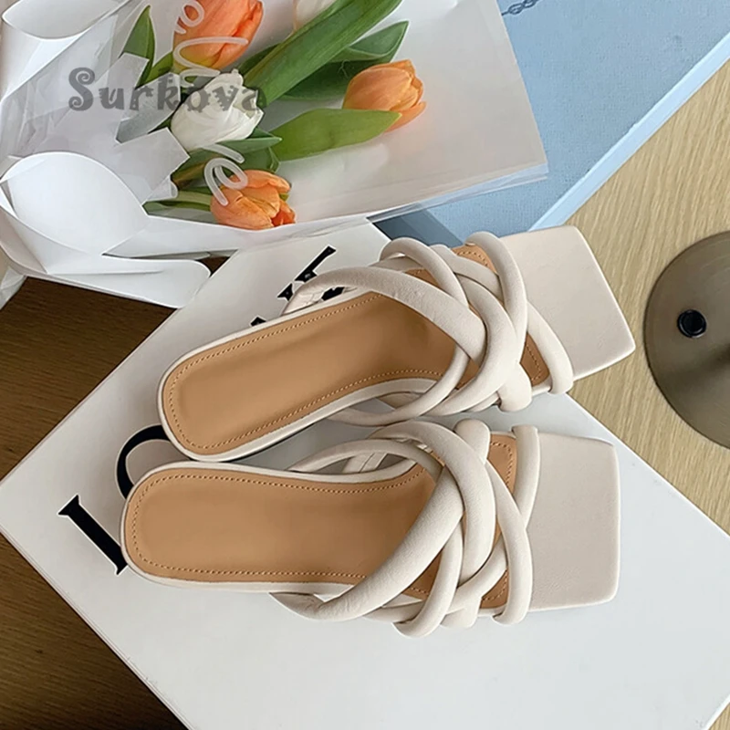 French Style Square Toe Pumps Cross Strap Thick Mid-Heel Open Toe Sandals Women's Summer Outer Wear Slippers Dress Mules Shoes