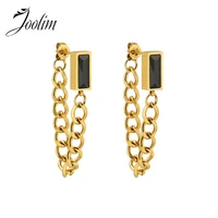 joolim jewelry waterproof fashion long zircon square chain dangle earrings trendy for women stainless steel jewelry wholesale