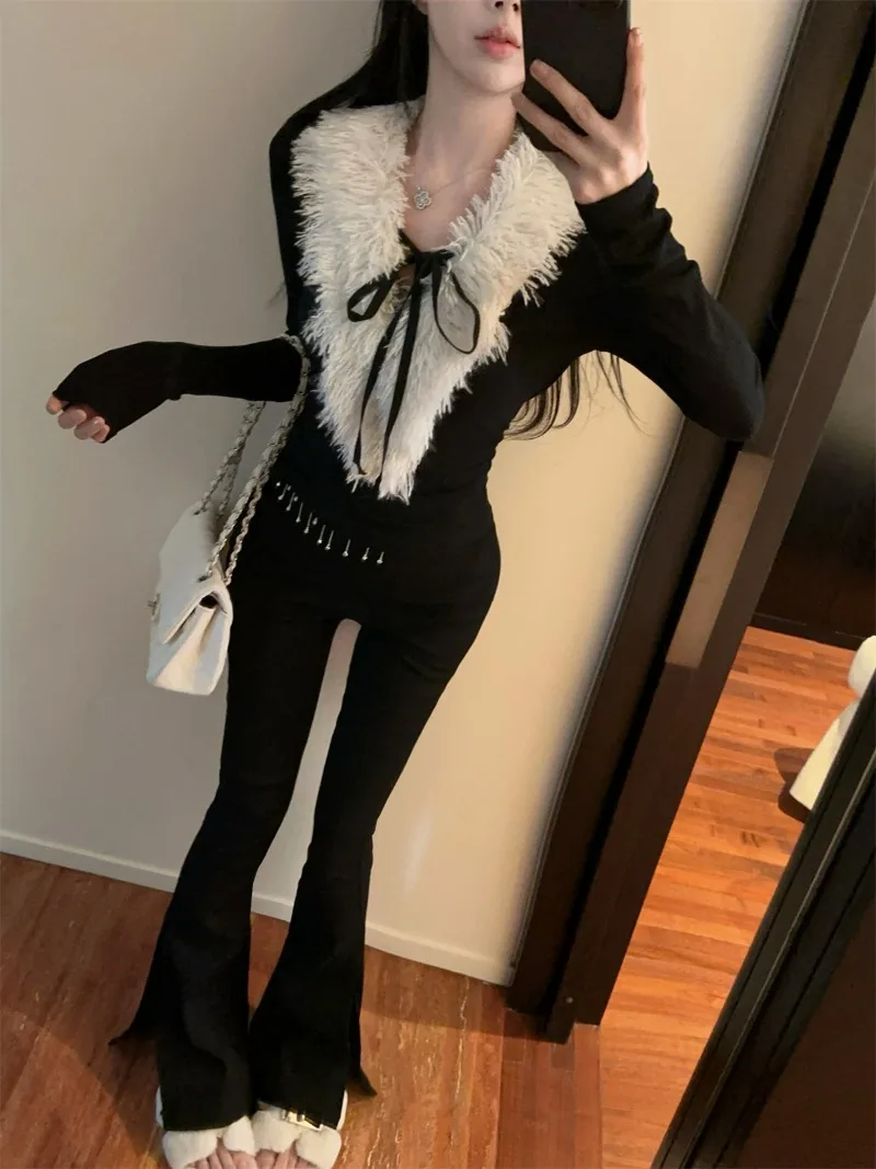 MiiiiX Ретро вязаная нижняя рубашка с меховым воротником на шнуровке женский свитер