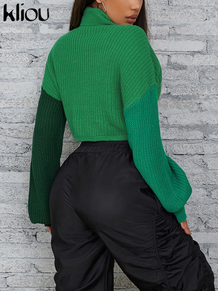 ond dzianinowy patchworkowy sweter damski Hipster z golfem luźny nieregularny kształt dopasowany kolorystycznie krótkie bluzki Lady Casual odzież