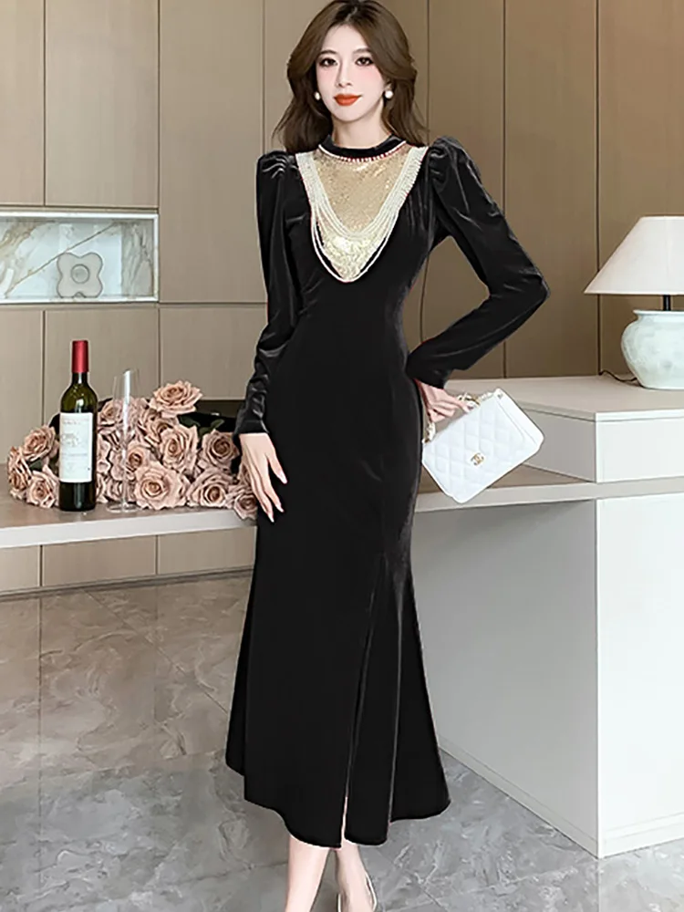 Женское красное бархатное лоскутное роскошное вечернее платье с бисером 2024