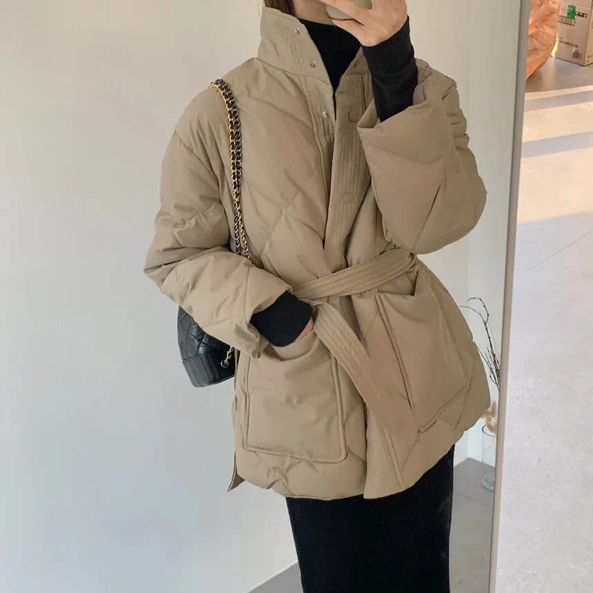 Winter Versatile High Neck Warm Large Pocket Lace Up Waist Cotton Jacket Winter Clothes Women Winter Jacket for Women Winter