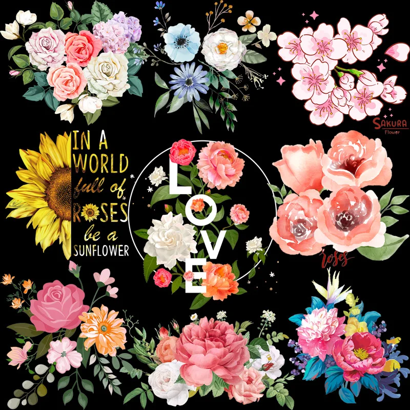 

Flowers Vinyl Heat Transfers Beautiful Flower Thermal Patches Clothing Tops DIY Applique Heat Print By Household Irons Stickers