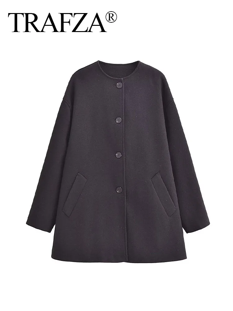 

TRAFZA Autumn Loose Coats Woman Trendy Black O-Neck Long Sleeves Pockets Single Breasted Female New Fashion Winter Coats