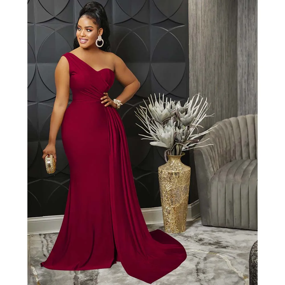

Dress Sexy Prom Fashion Solid Color Party Skinny One Shoulder Sleeve Dress Evening Dresses Maxi Dress Western Style Summer