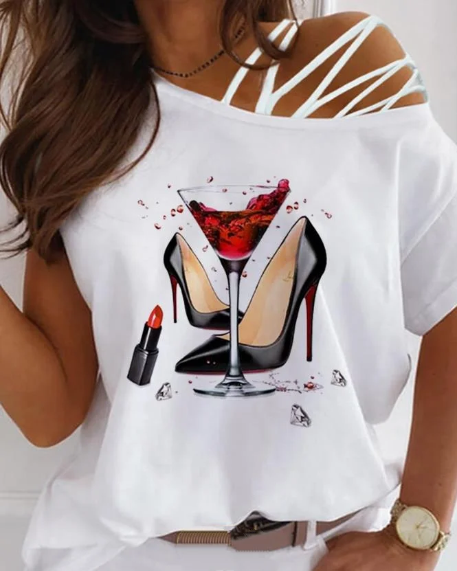 

Summer 2023 Women Top Heels Graphic Print One Shoulder Short Sleeve Lace-Up T-shirt Female Casual Basics Tee OTTD