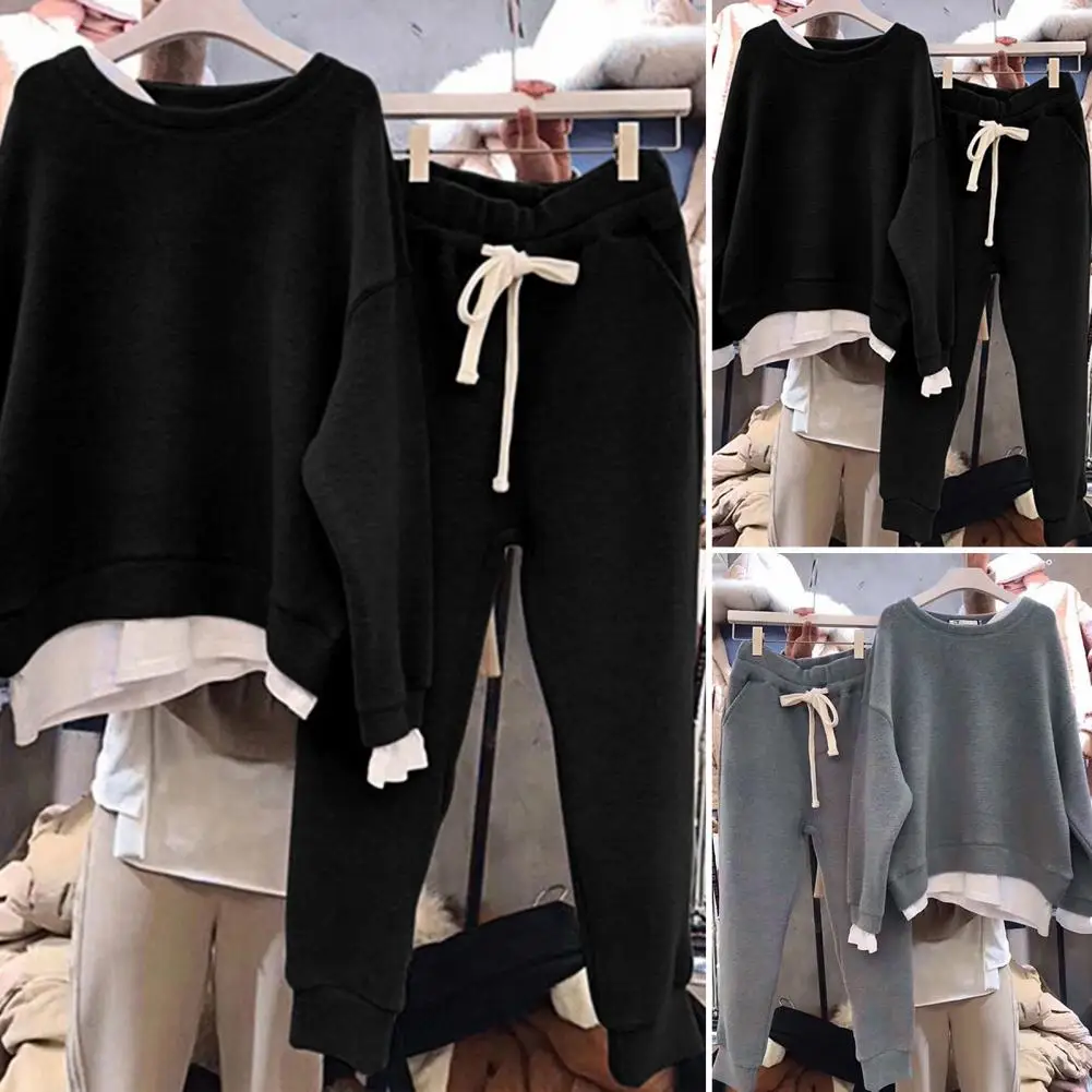 

2 Pcs/Set Chic Drawstring Women Sweatshirt Pants Set Loose Adjustable Waist Sweatshirt Sweatpants Set Thermal