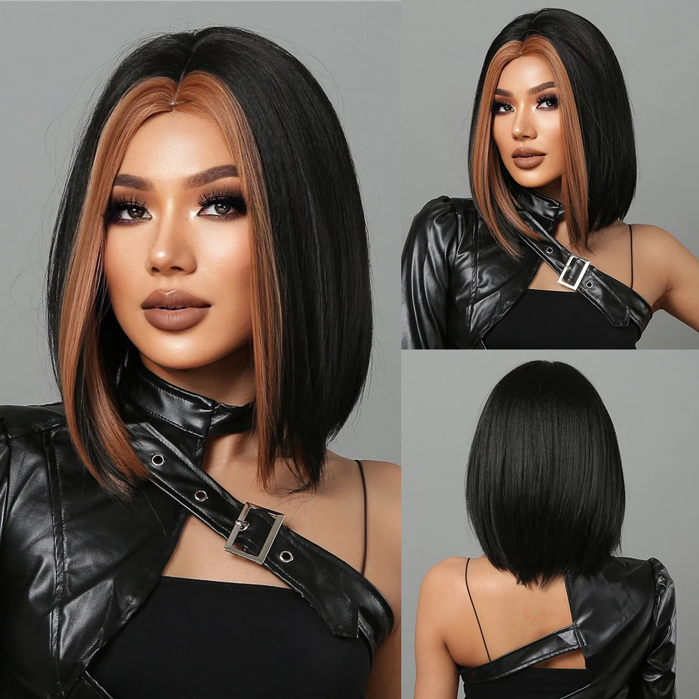Black Dark Brown Synthetic Bob Wig Shoulder Length Golden Highlight Wigs for Women Afro Middle Part Wig Heat Resistant Fake Hair