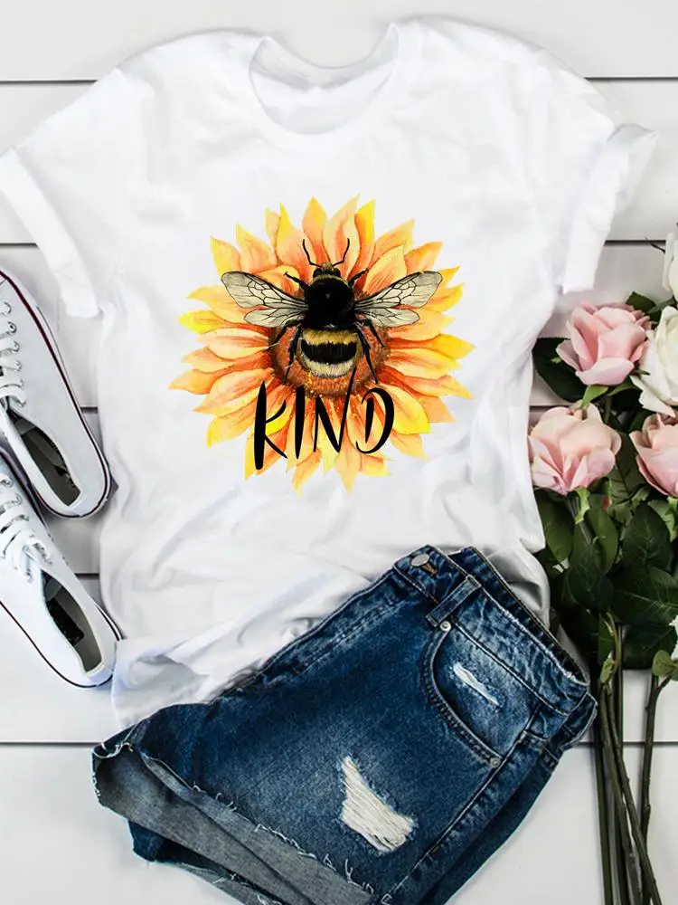 

Bee Flower Trend Lovely Trend Clothes Short Sleeve T Print Fashion Women Graphic Tee Summer Clothing Female Casual T-shirts