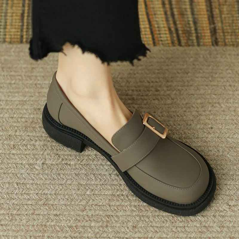 

Matte PU Leather Neutral Round Toe Buckle Belt Design Casual Ladies Loafers Slip Ons Womens Spring Autumn Derby Flats Shoes