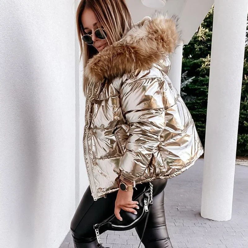 2022 Winter Luxury Shiny PU Loose Jacket Women Fur Collar Hooded Parkas Female New Velvet Thick Warm Down Cotton Coats Oversized