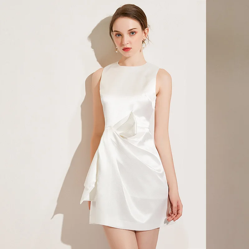 2023 Spring And Summer Women White Satin Sleeveless Bow Slim Fit Slim High-end Dress