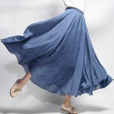 Woman Skirts Linen Pleated Vintage Boho Maxi Skirt Casual Beach Solid Summer Bottom Ankle-Length Skirts For Women Mujer Faldas