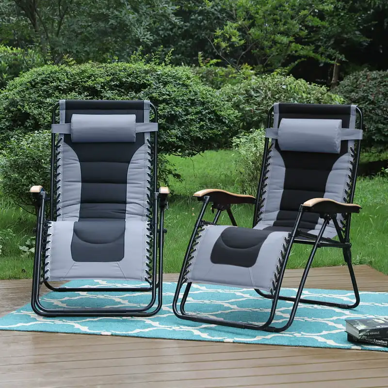 

of 2 Padded Zero Chair XL Folding Outdoor Patio Recliner with Adjustable Headrest and Cup Holder, Grey
