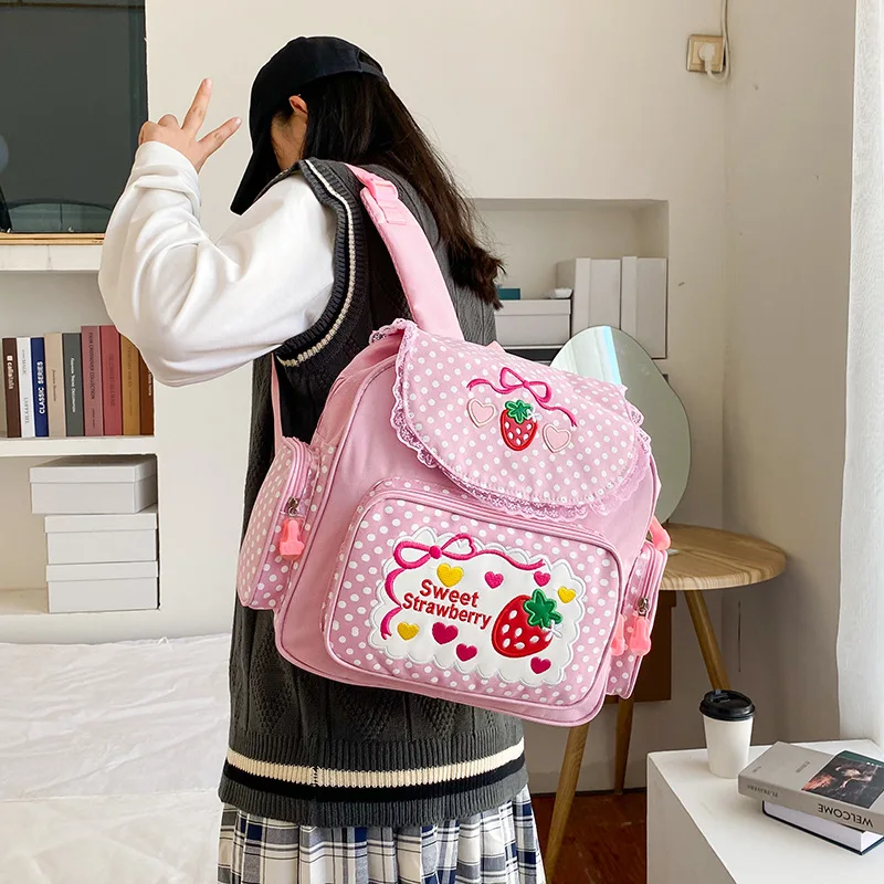 Japanese Schlool Bags Backpack Kids Cute Soft Girl Sweet Lovely Embroidered Fruit Strawberry Lace Girl Student Schoolbag Girl